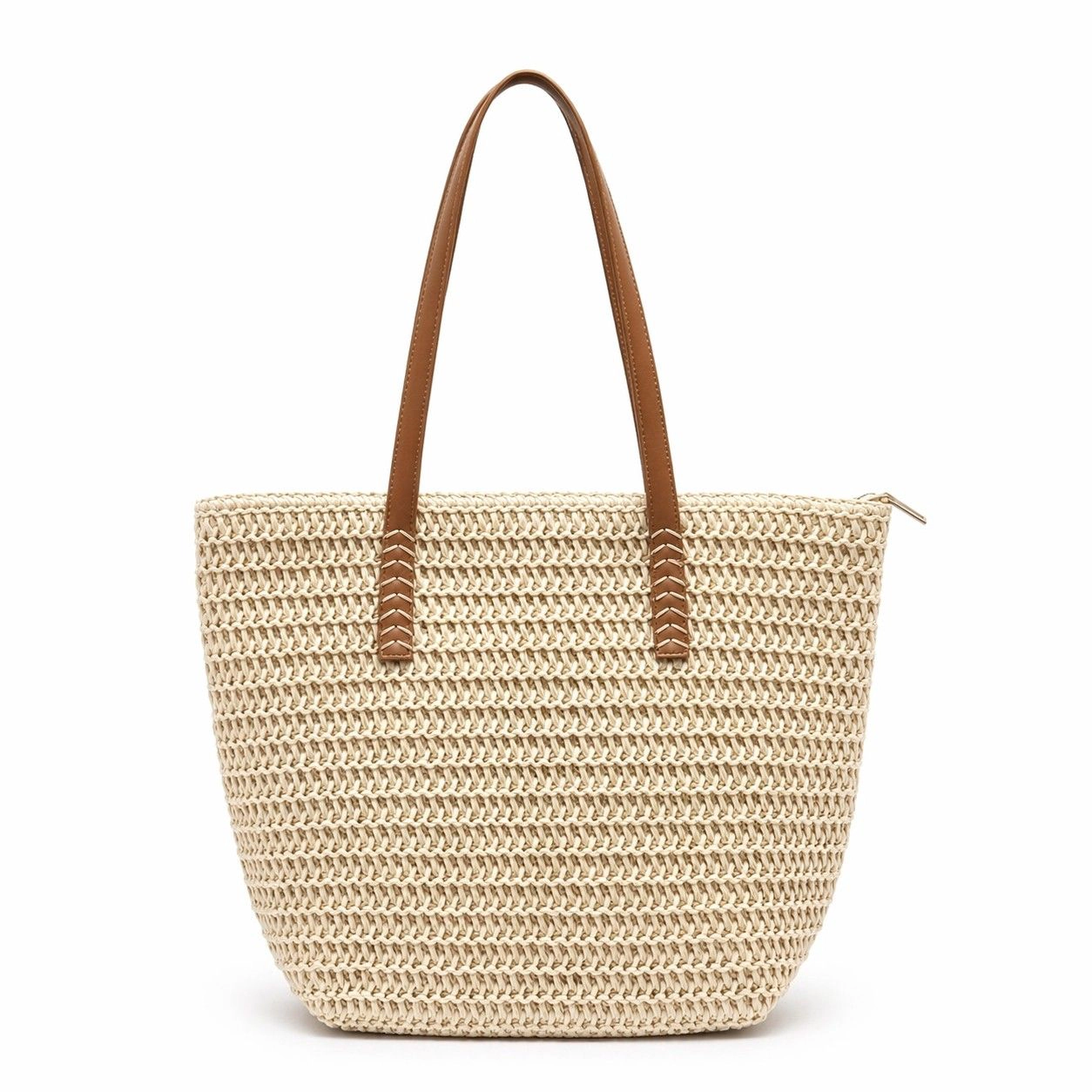 Alilang Women's Woven Straw Tote Bag with Leather Shoulder Straps Lightweight Crochet Knit Large Capacity Bag, Beige