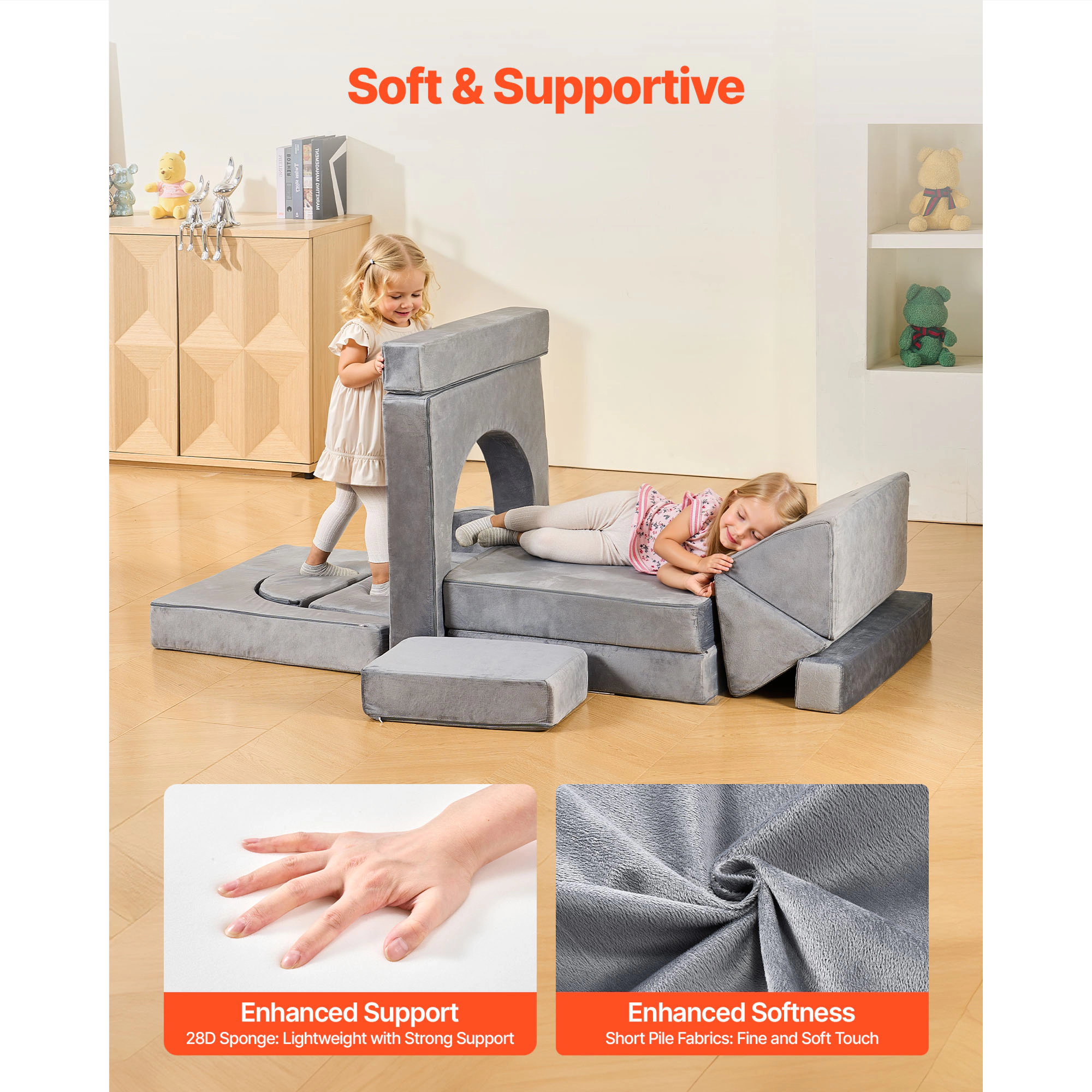 HONGGE Modular Kids Play Couch Sectional Toddler Sofa with Armrests 28D Sponge & Short Pile Convertible Kids Modular