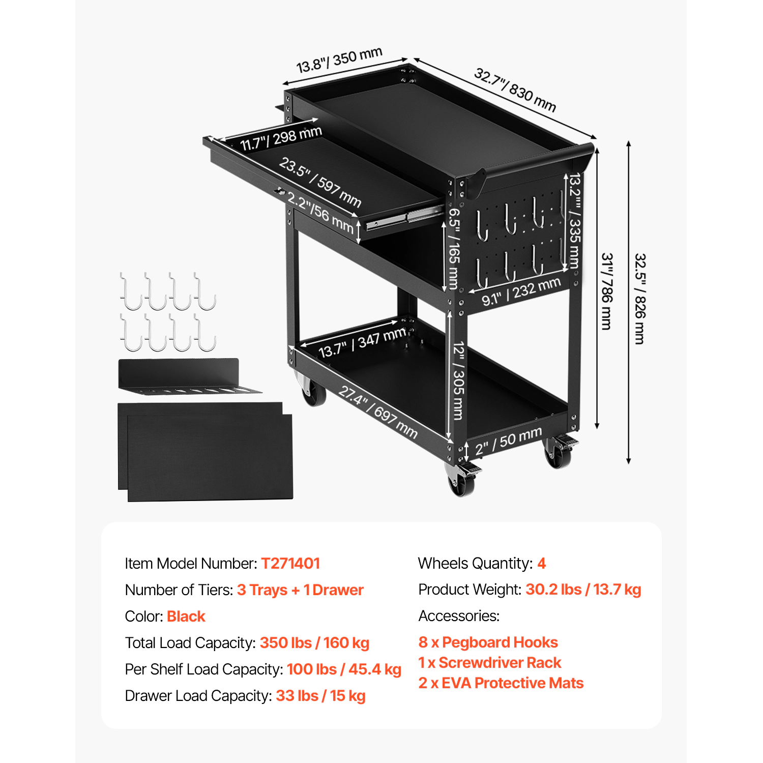 HONGGE Rolling Tool Cart with Wheels, Pegboard, Mechanic Storage Organizer with Locking System for Garage, Warehouse