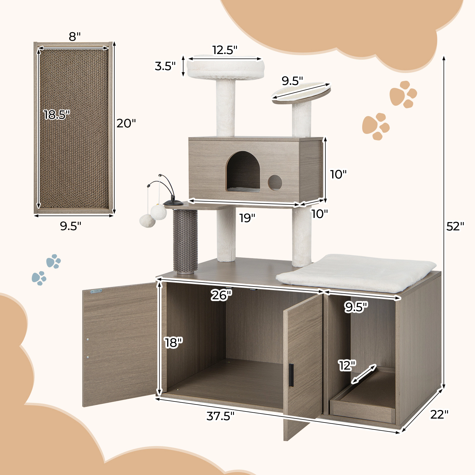 SUGIFT 2-in-1 Cat Tower Gray with Litter Box Enclosure Condo and Scratching Board