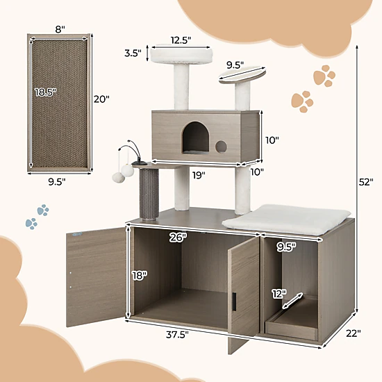 SUGIFT 2-in-1 Gray Cat Tree Tower with Litter Box Enclosure Condo and Scratching Board 37.5-in W 52-in H