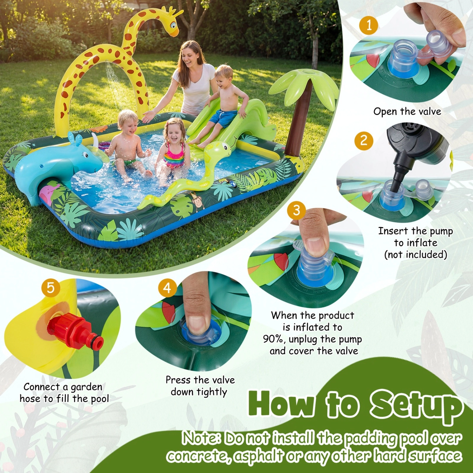 SUGIFT Giraffe Sprinkler and Ring Toss Game Kids Inflatable Jungle Spray Pool with Slide
