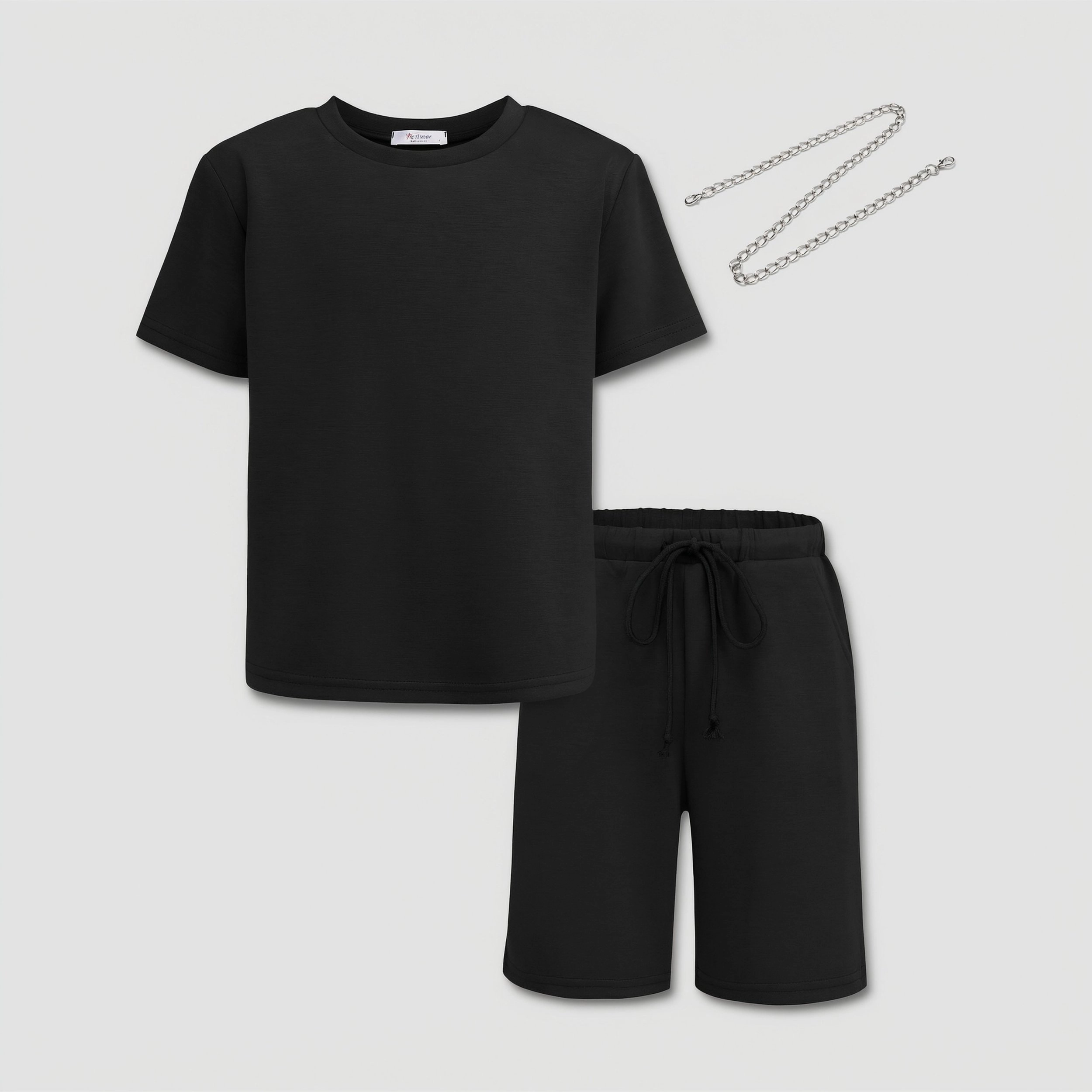 Arshiner Kids Boys Drop Shoulder T-Shirt Drawstring Waist Shorts With Chain Necklace
