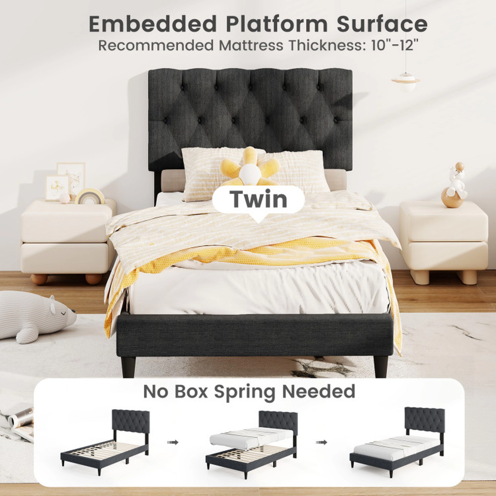 SUGIFT Gray Button-Tufted Headboard and Slats Twin Size Upholstered Platform Bed