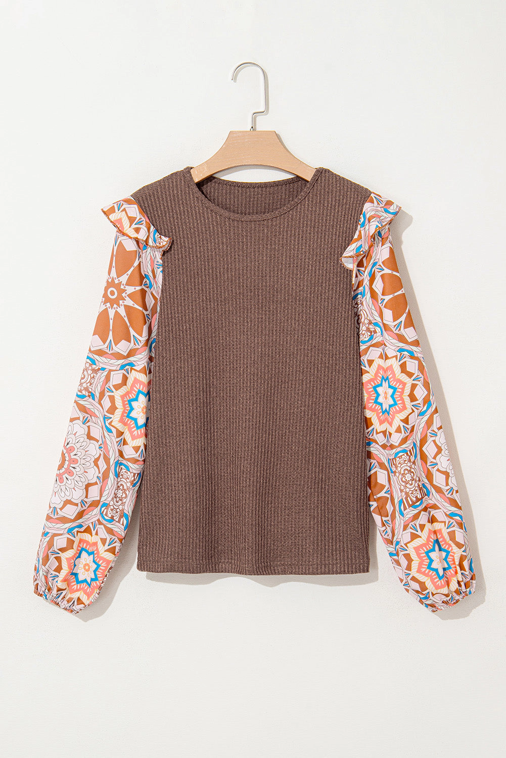 Sol Living Womens Ruffled Floral Sleeve Patchwork Waffle Knit O Neck Blouse