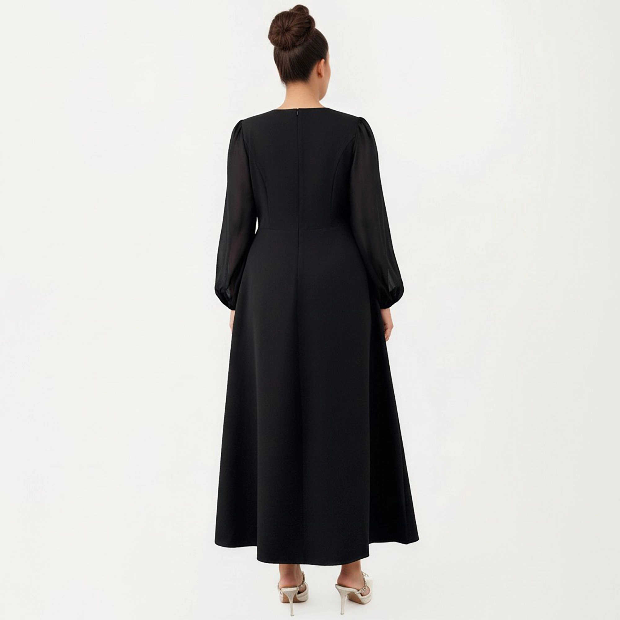Anna-Kaci Women's Plus Size Long Sleeve Square Neck Pleated Waist Detail Flowy A Line Silhouette Midi Dress
