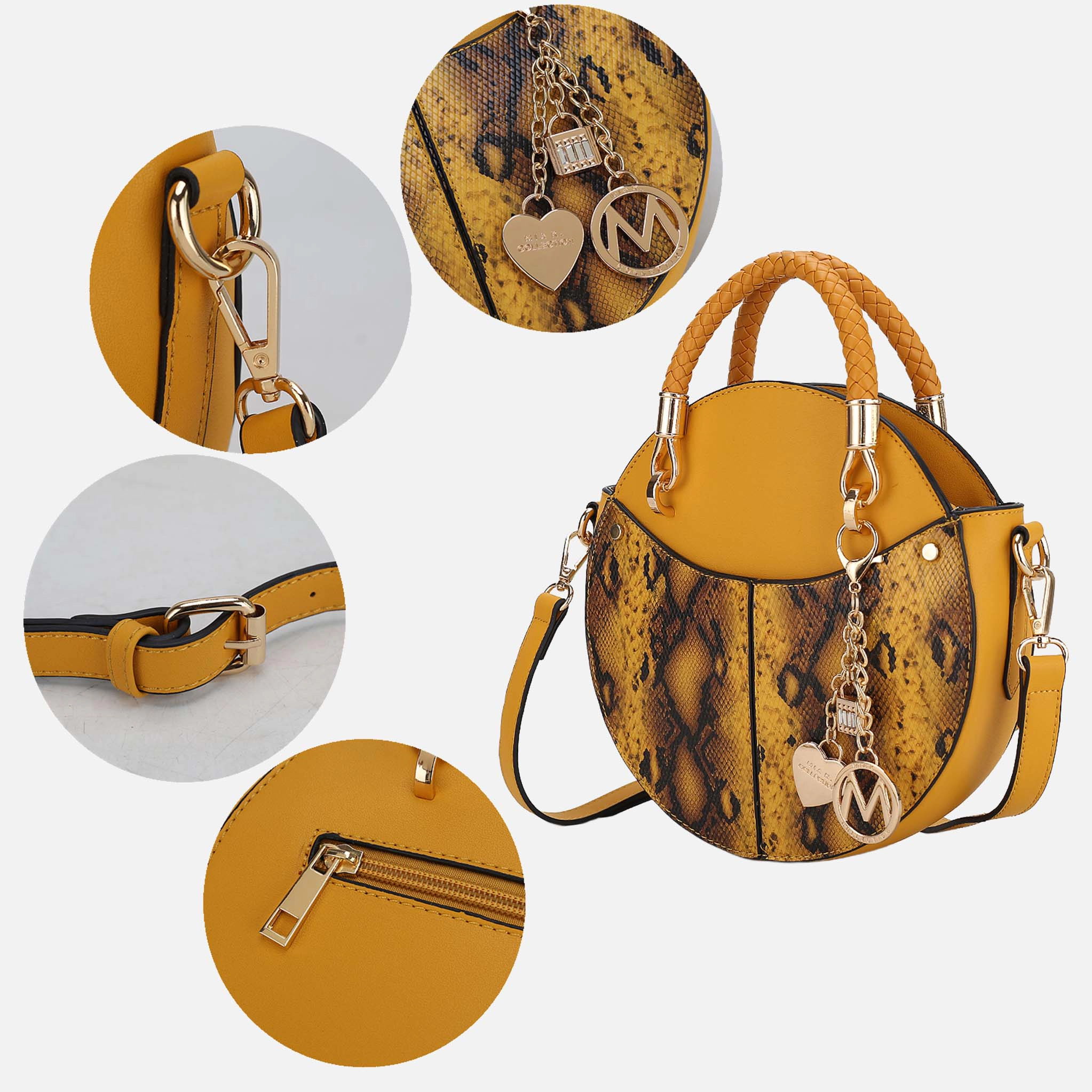 MKF Collection by Mia K Camille Round Crossbody Bag - Snake Embossed Vegan Leather, Mustard