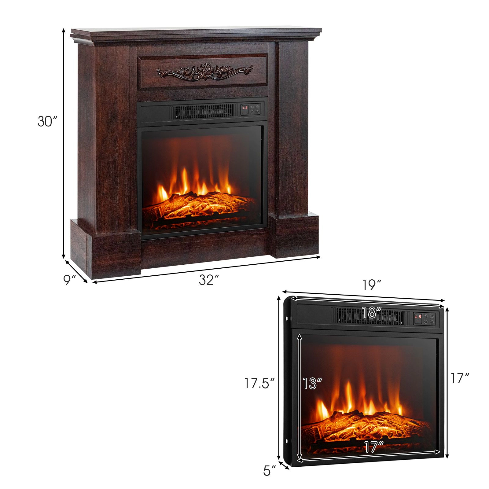 SlickBlue Brown MDF Electric Fireplace Mantel with 1400W Heater, 3D Flame, Remote Control