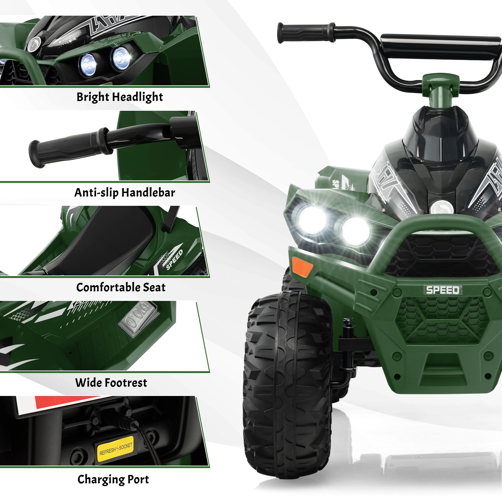 SUGIFT 12V Kids Ride On ATV with High/Low Speed and Comfortable Seat 77-lb Capacity Ages 3-8 37.8-in Body Army Green