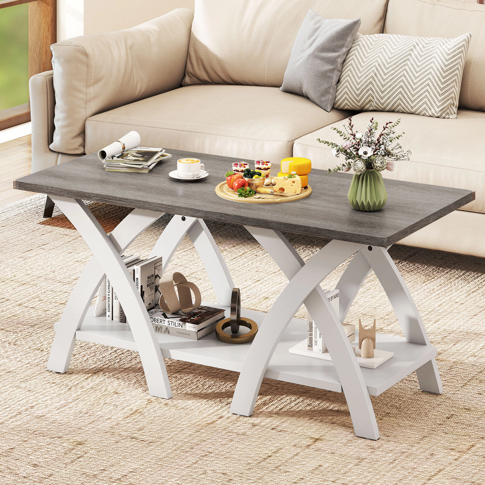 SUGIFT 2-Tier X-Shaped Legs Rubber Wood Farmhouse Coffee Table 40-in x 19-in x 18.5-in 155-lb Capacity Gray
