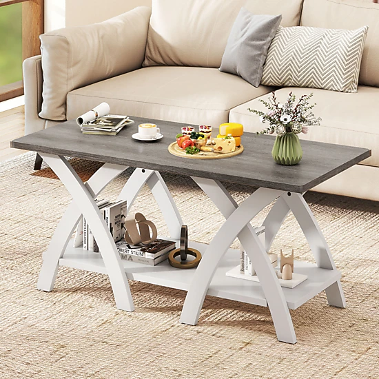 SUGIFT 2 Tier MDF Rubber Wood X Frame Open Shelf Farmhouse Coffee Table In Gray