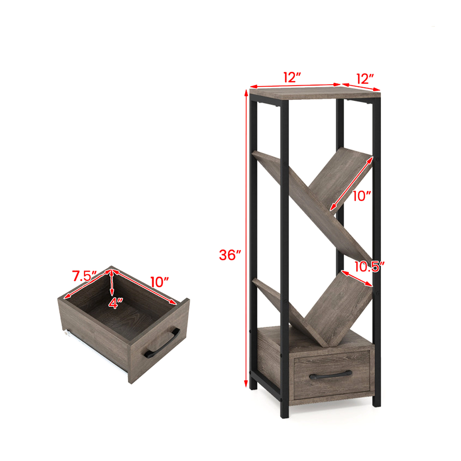 Hivvago 4-Tier Freestanding Bookcase with Tree Design and Storage Drawer