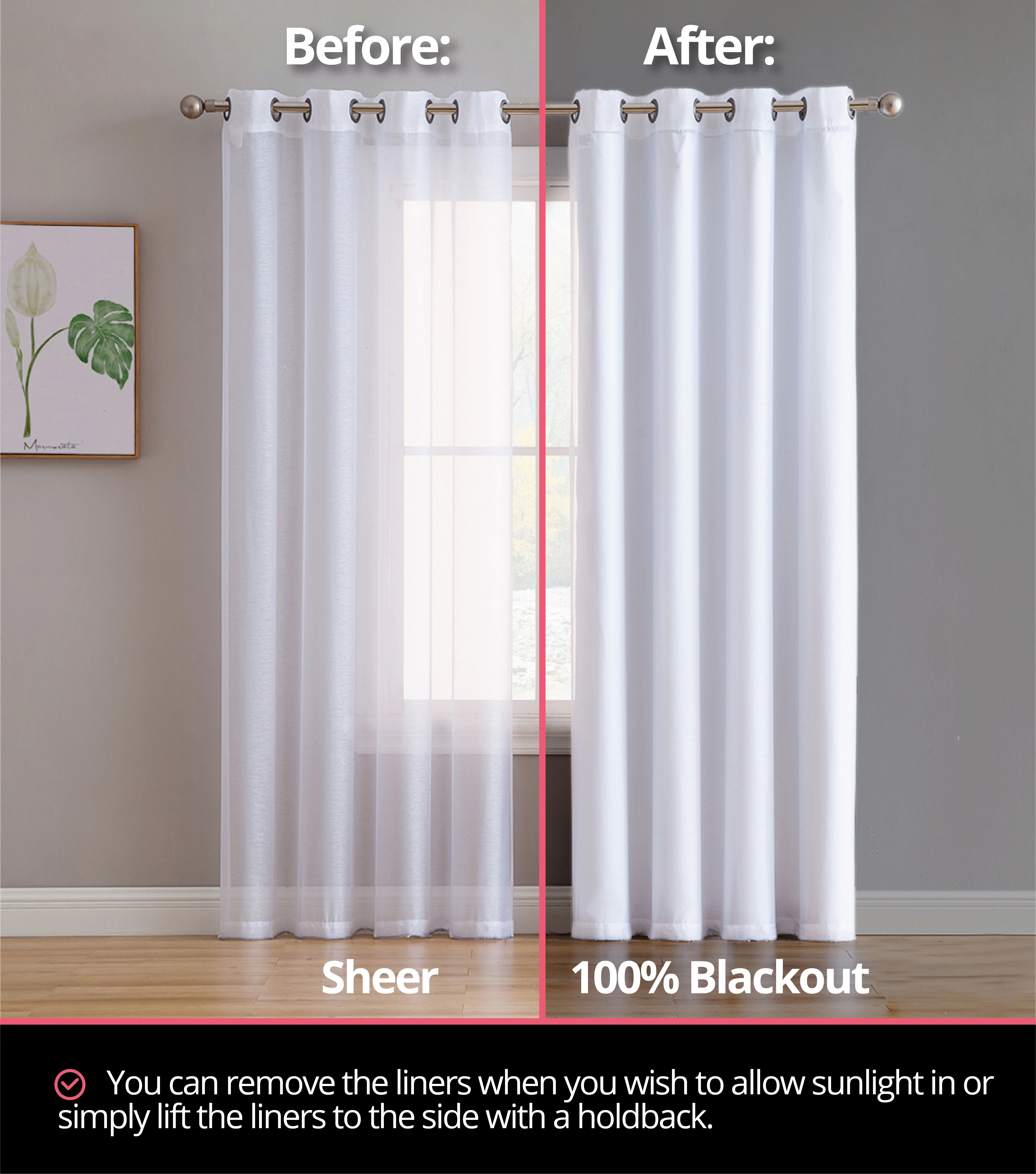 HLC.ME White Thermal Insulated 100% Blackout Window Liner, From Sheer to Blackout - Hooks Included, 2 Pack