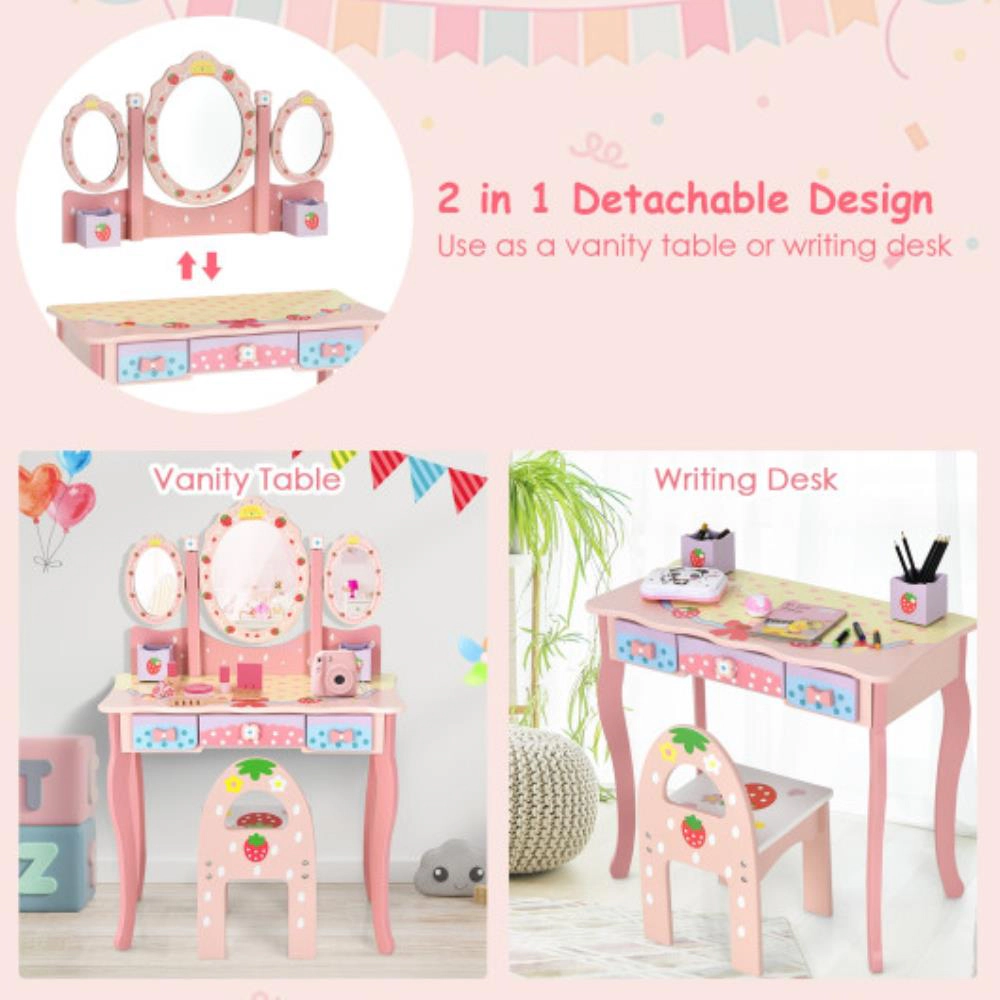 Hivvago Kids Vanity Princess Makeup Dressing Table Chair Set With Tri-Fold Mirror