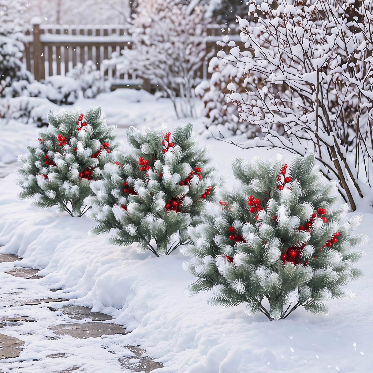 Slickblue Artificial Pine Needle Topiary Set 27.5in Red Berries Green White 2 Pack Ground Spike
