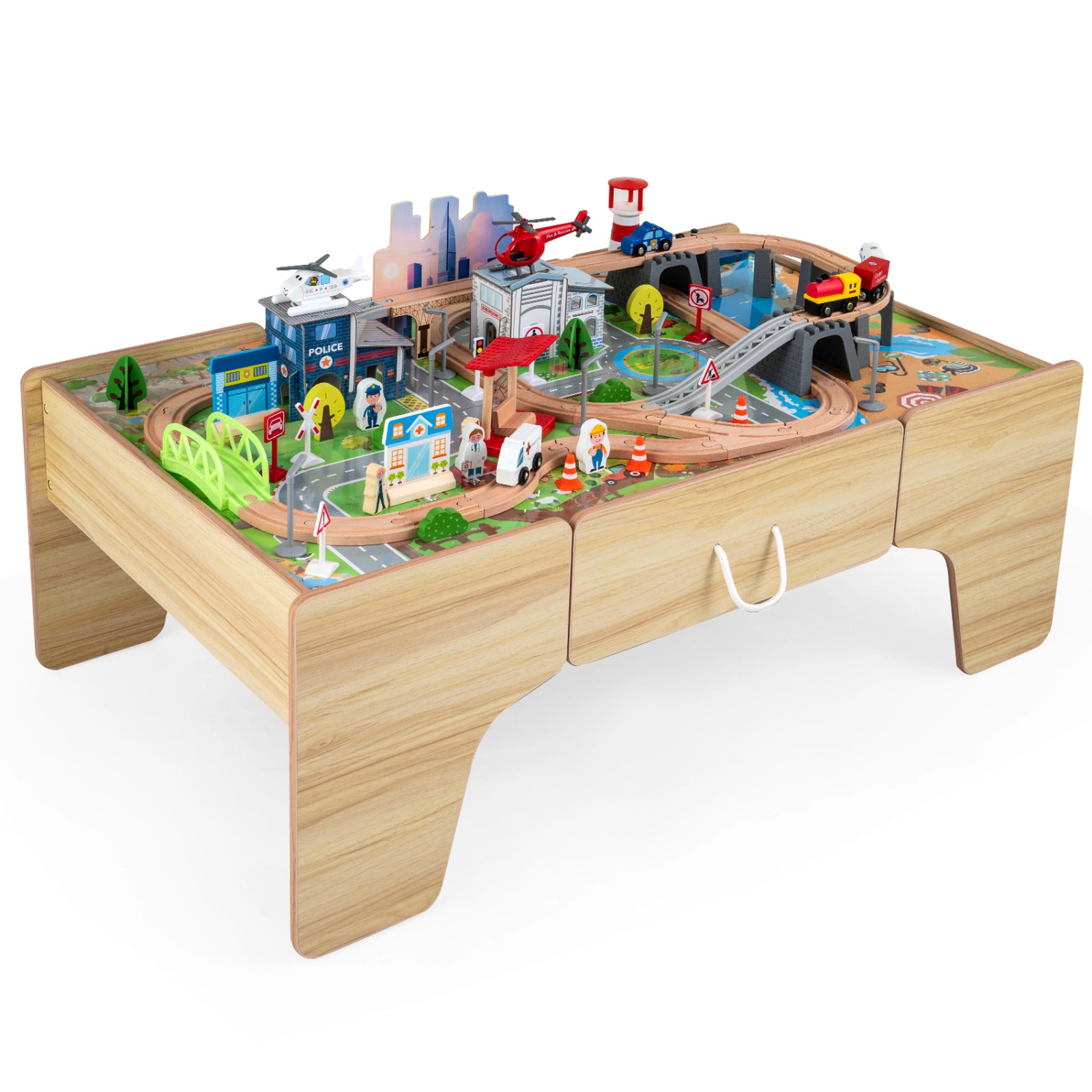 SUGIFT 110-Piece 66-lb Capacity 3-in-1 Wooden Train Table with Storage Drawer and Rope Pull Handle
