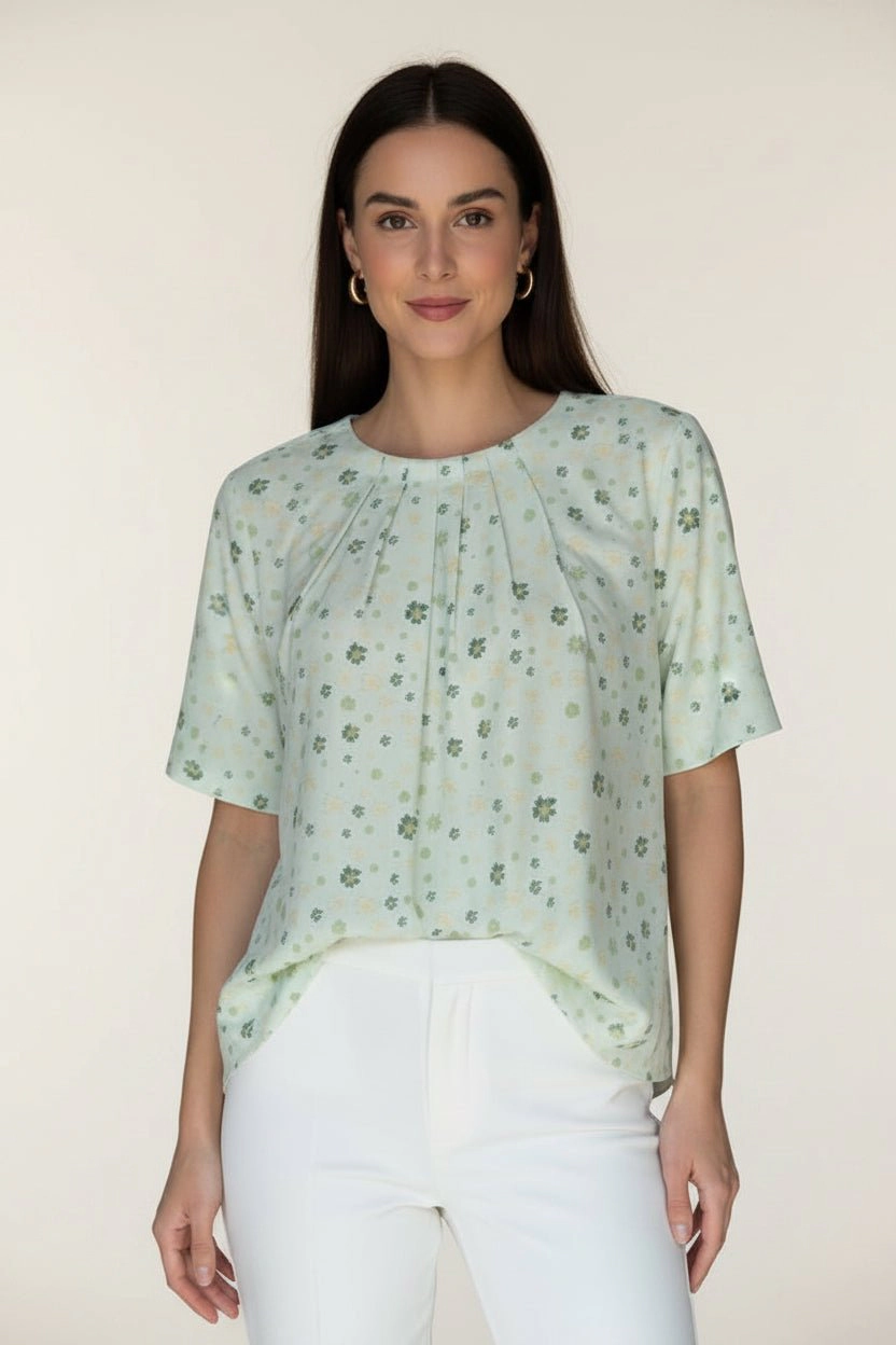 DressAtR Women's Pleated Neck Elbow Sleeve Back Button Opening Blouse