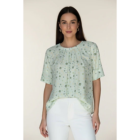 DressAtR Women's Pleated Neck Elbow Sleeve Back Button Opening Blouse