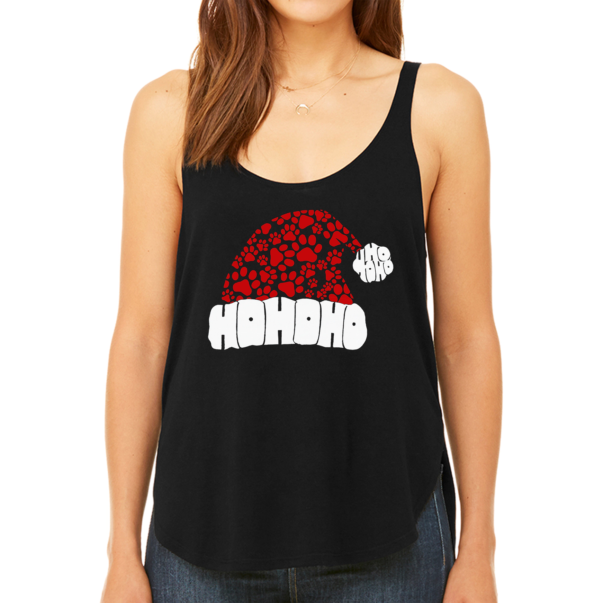 LA Pop Art Women's Premium Word Flowy Tank - Paw Print Santa Hat