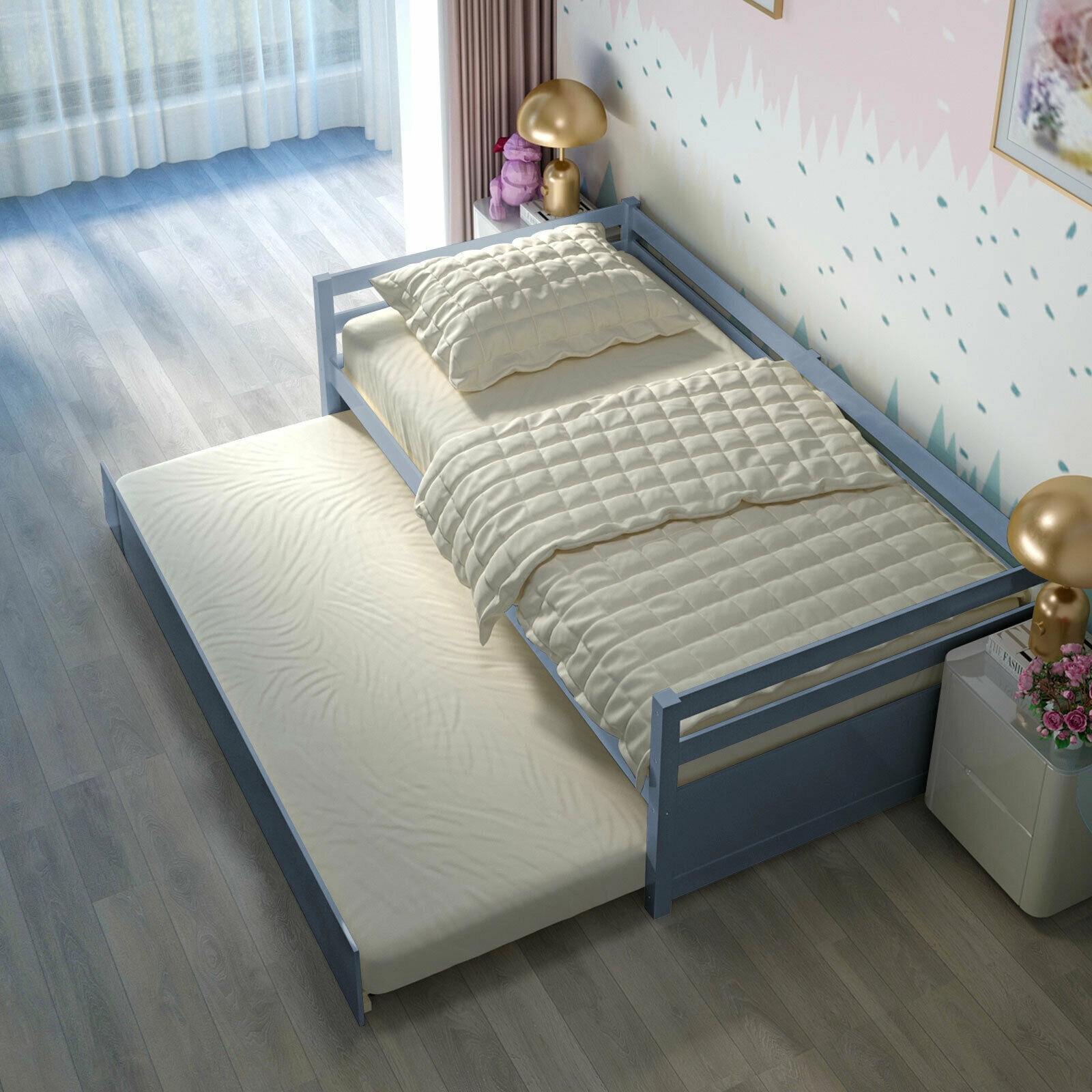 SUGIFT Wooden Slat Support and Roll-Out Trundle Twin Platform Bed Frame
