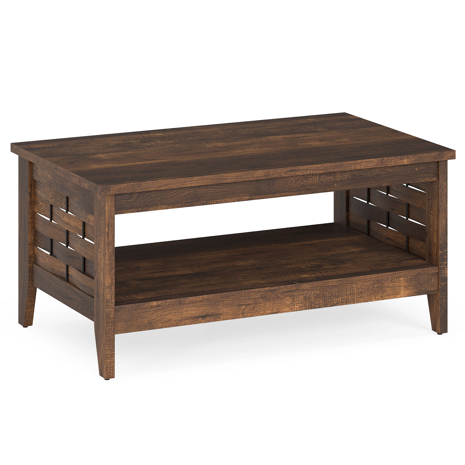 SUGIFT 2-Tier Woven Lattice Open Shelf Farmhouse Coffee Table 39.5-in x 23.5-in x 19-in 135-lb Capacity Rustic Brown