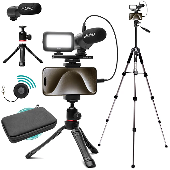 Movo USB-C Vlogging Kit for iPhone 15 with Fullsize Tripod - USB Type-C Compatible Vlog Kit- Accessories: Tripods