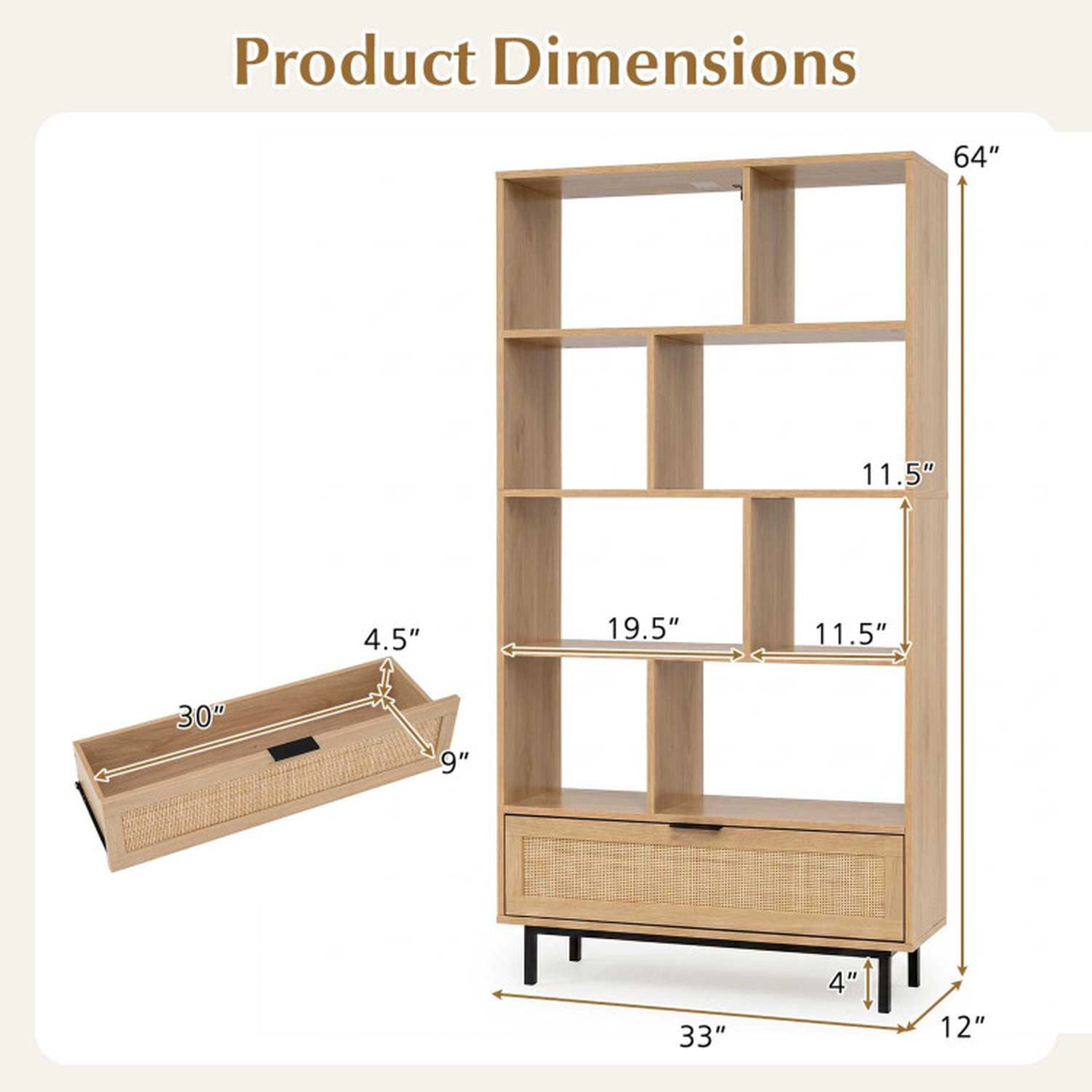 SUGIFT 64-in 6-Tier 33-lb Capacity Natural Wooden Bookcase with 8 Open Cubes Rattan Drawer and Metal Legs