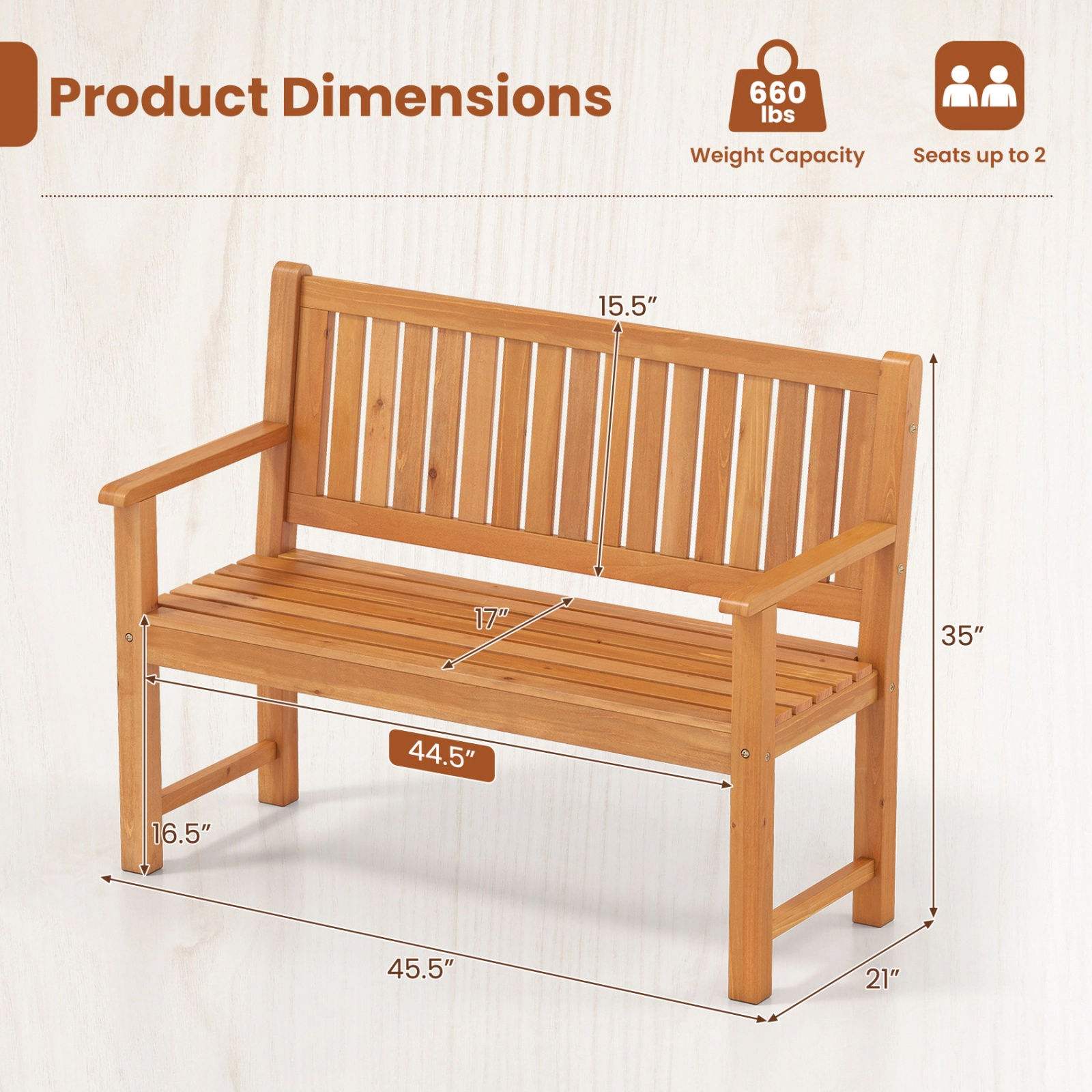 SUGIFT 2-Seater Outdoor Fir Wood Bench with Backrest and Armrests 660-lb Capacity Natural
