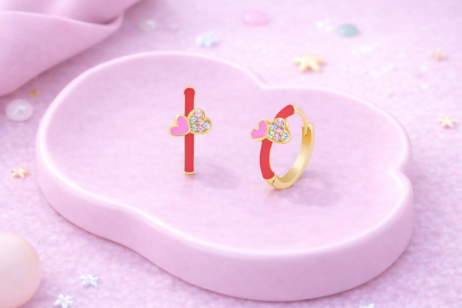 CHANTEUR Girls Huggie Hoop Earrings - Yellow Gold Plated Brass, Pink Enamel Hearts, Cubic Zirconia