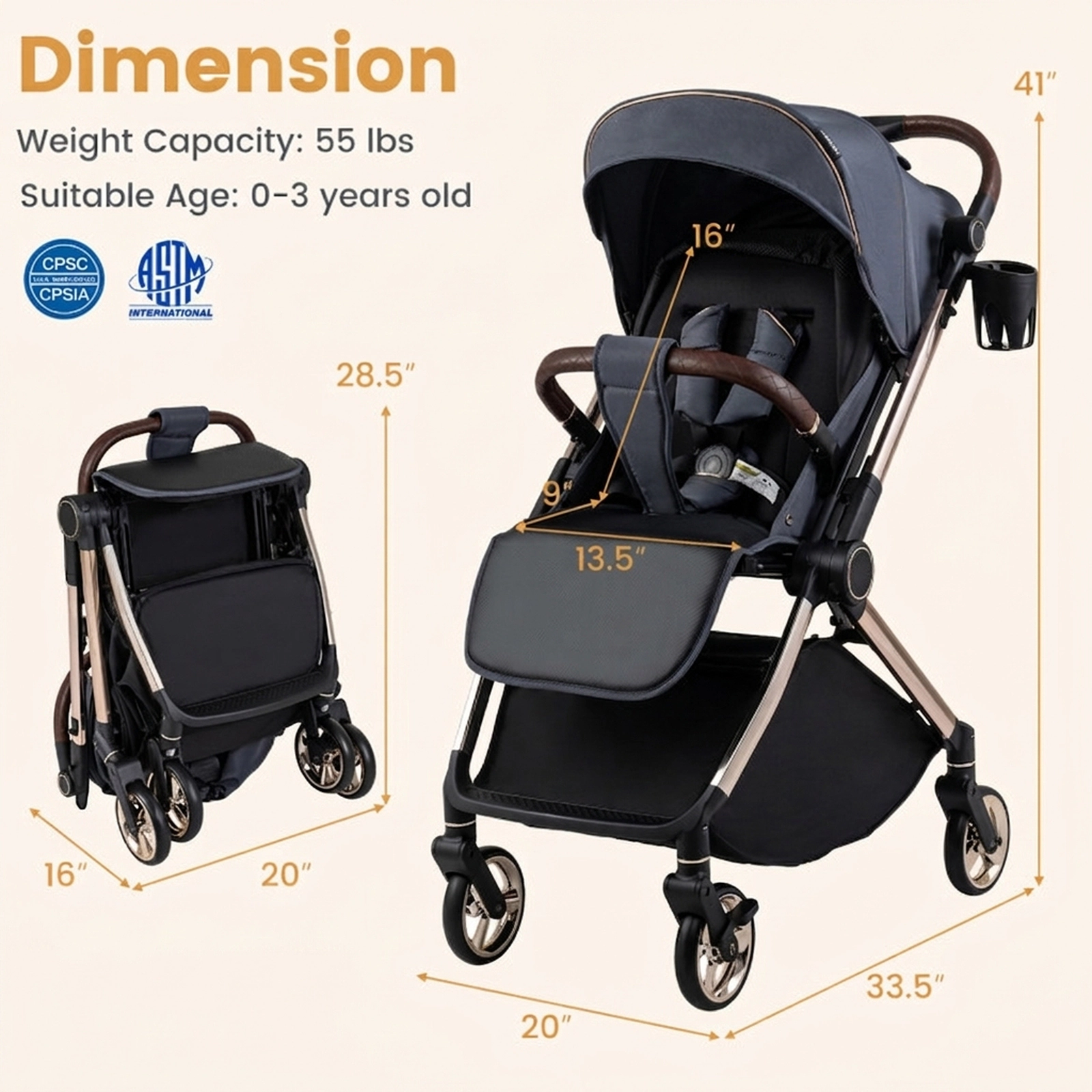 SUGIFT Gray 55-lb Capacity Foldable Aluminum Baby Stroller with Reversible Handle and Quick-Release Wheels