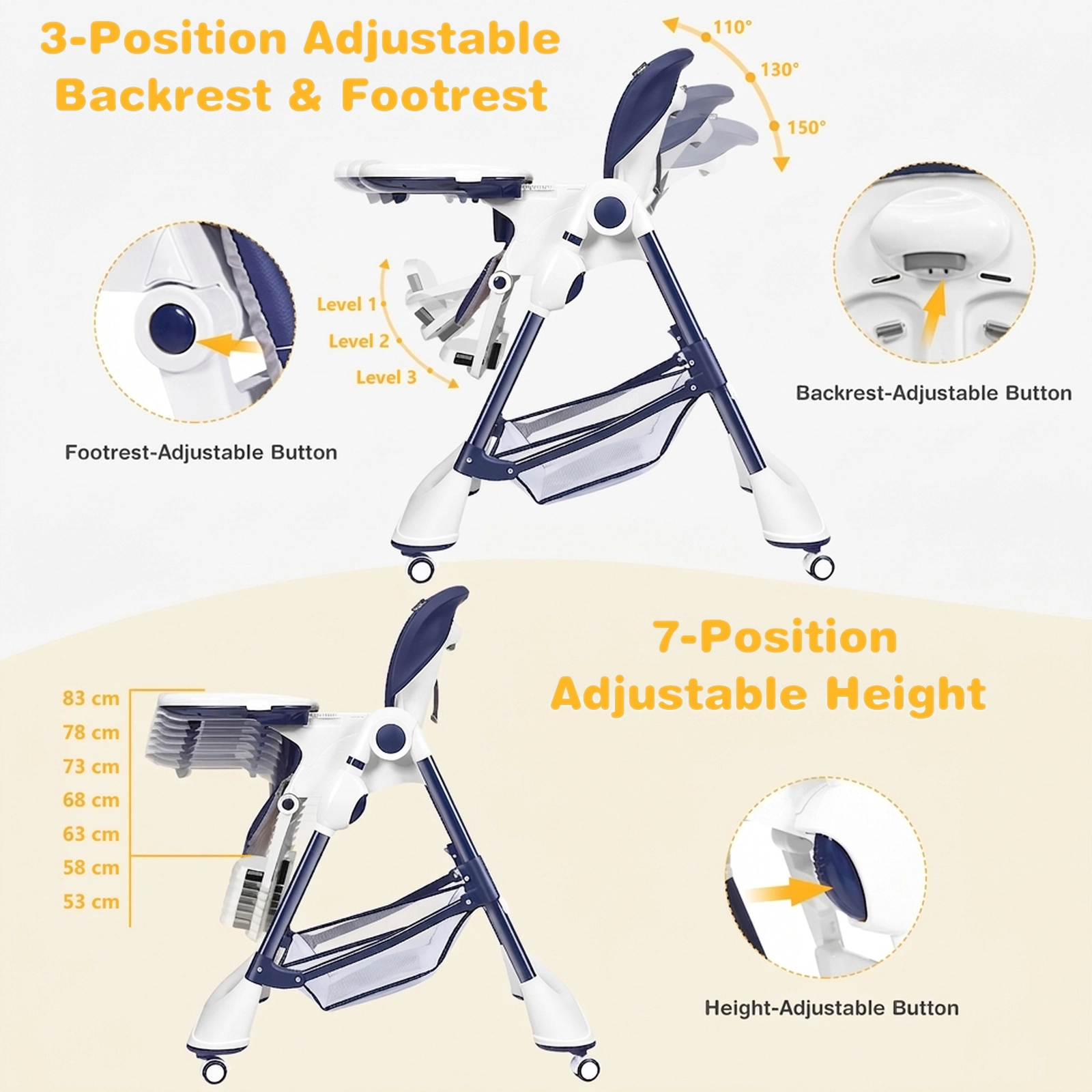 A-Frame Foldable Baby High Chair 4 Lockable 360-Degree Wheels 7 Adjustable Heights 50-lb Capacity 0 to 36 Months Navy