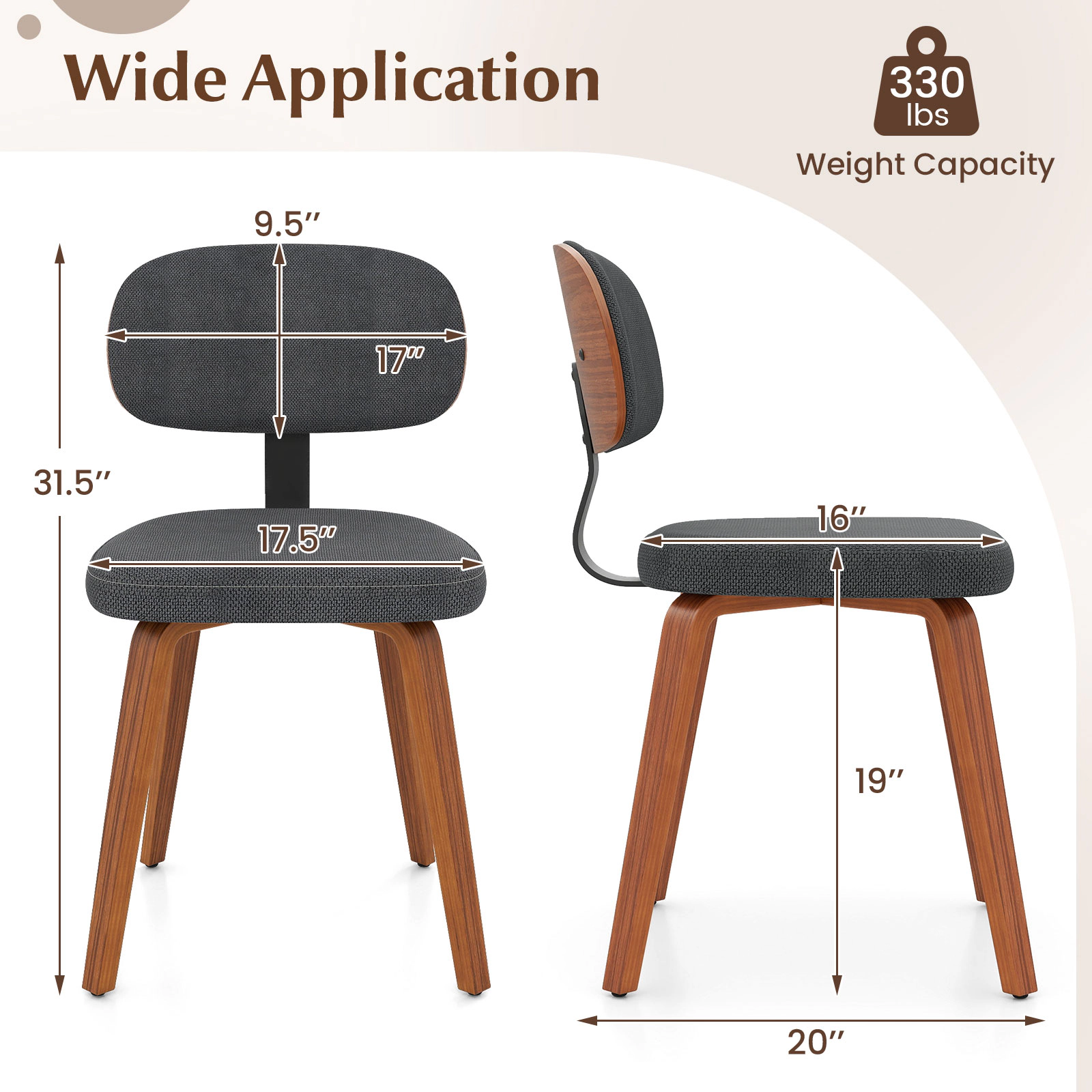 SUGIFT Chenille Fabric Upholstered Wooden Dining Chairs Set of 2 330-Lb Capacity Dark Gray
