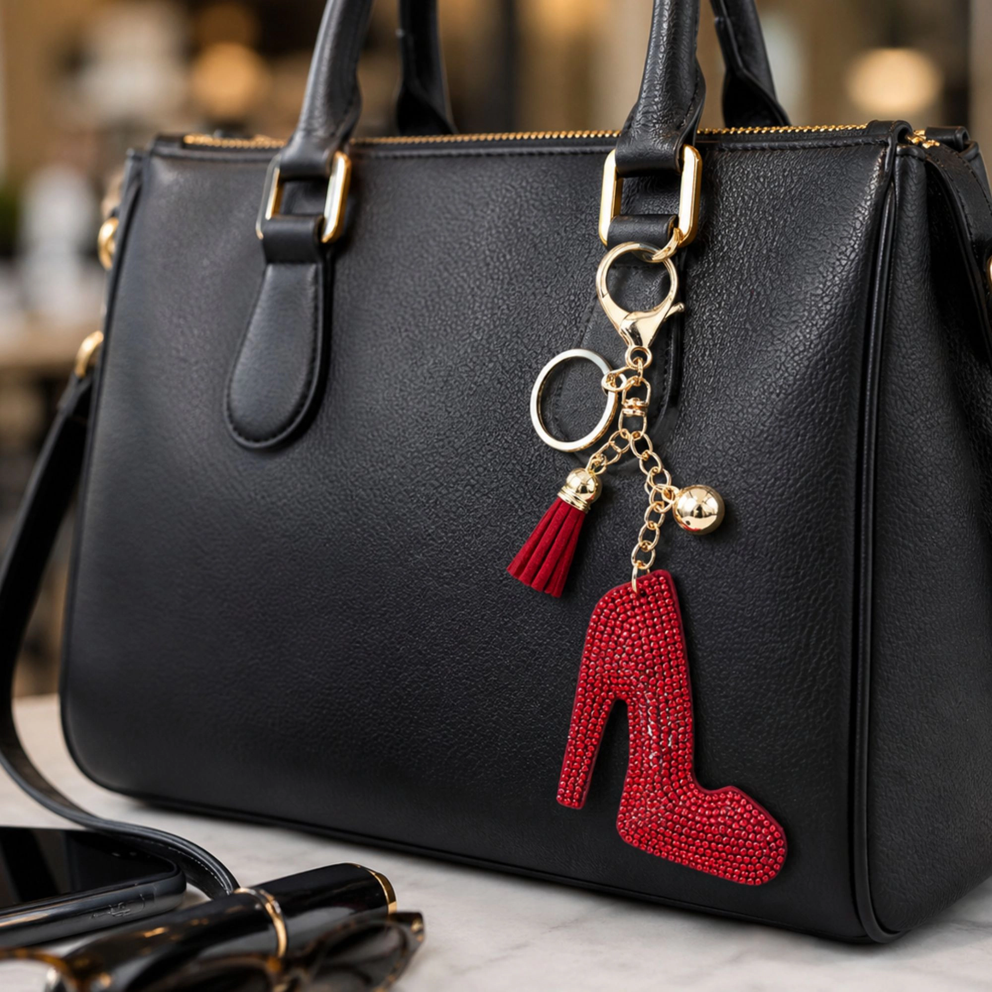 CTM Women's Red Rhinestone High Heel with Tassel Bag Charm & Key Chain