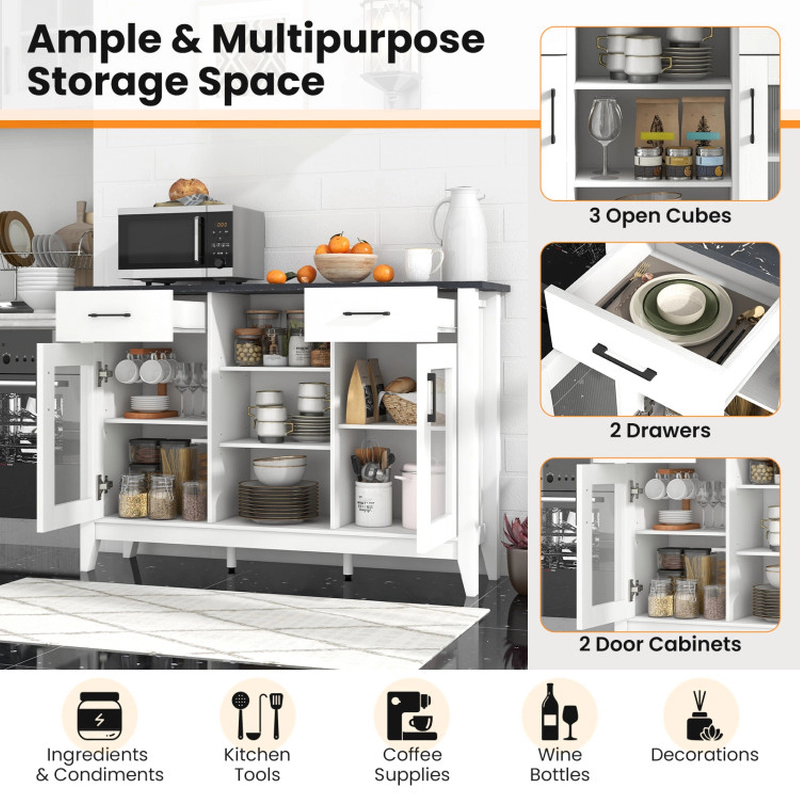 SUGIFT 2-Drawer Faux Marble Top 3 Open Cubes Glass Doors Sideboard Buffet Cabinet 52-in x 15.5-in x 35.5-in White