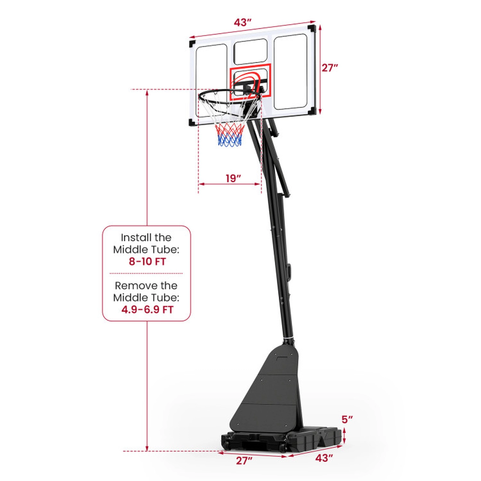 SUGIFT 4.9-10 ft Adjustable Basketball Hoop System with 43 x 27 in Backboard Fillable Base and Ball Storage Black