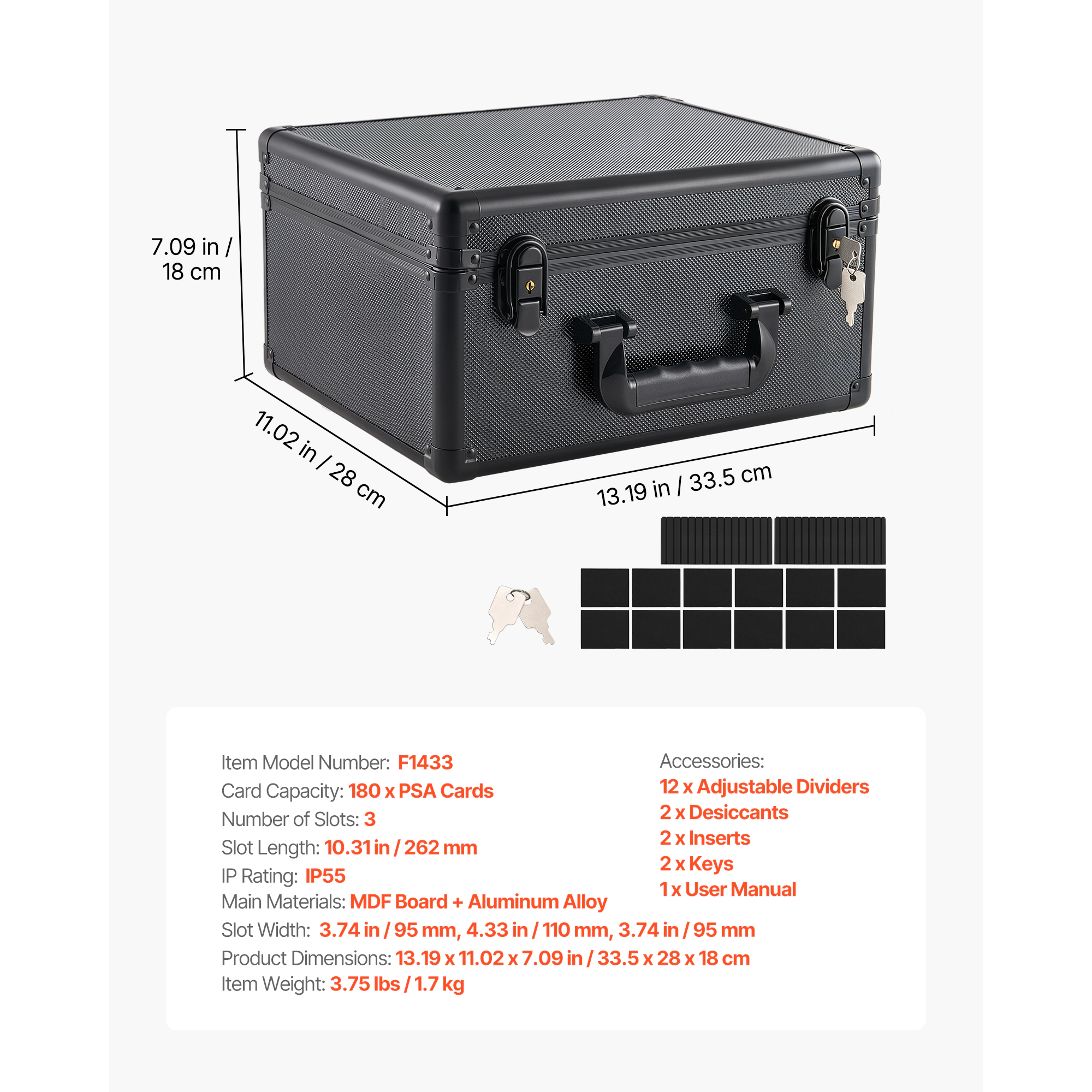 HONGGE Graded Card Case, PSA Slab Storage Box with Lock, Baseball Sports Trading Cards Holder Collector 12 Dividers