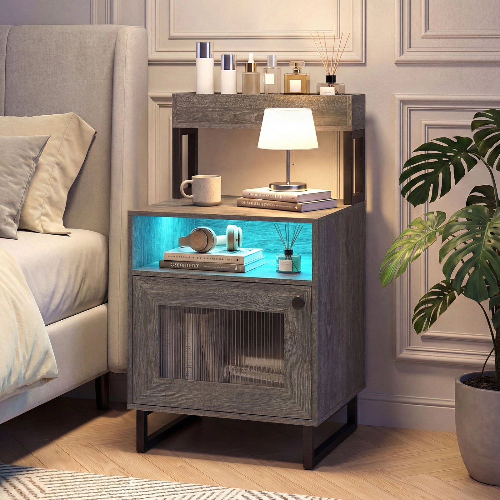 SUGIFT LED Lights Top Tray Open Compartment and Storage Cabinet Bedroom Nightstand
