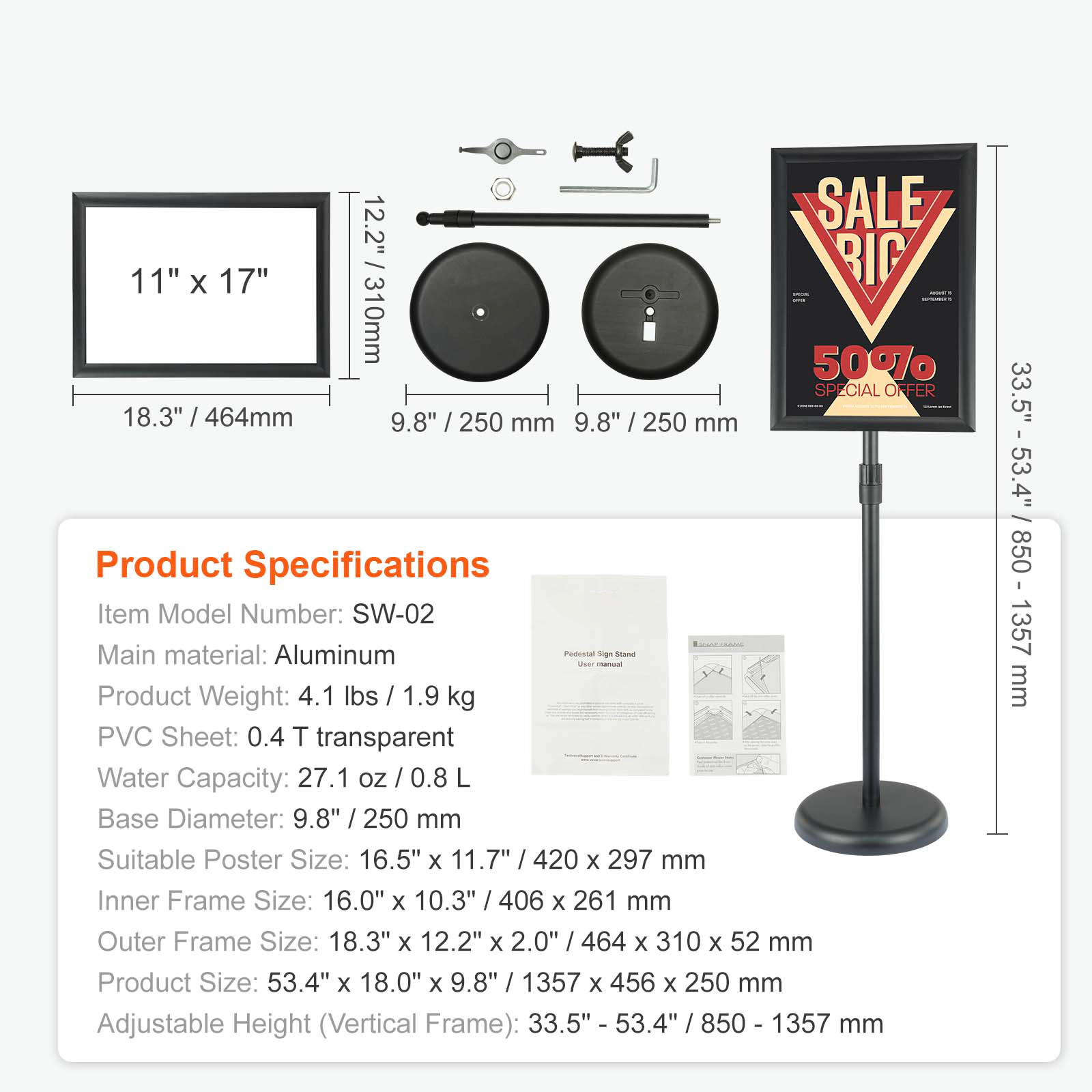HONGGE Pedestal Sign Holder Vertical and Horizontal Adjustable Poster Stand Heavy-Duty Floor Standing Sign Holder with