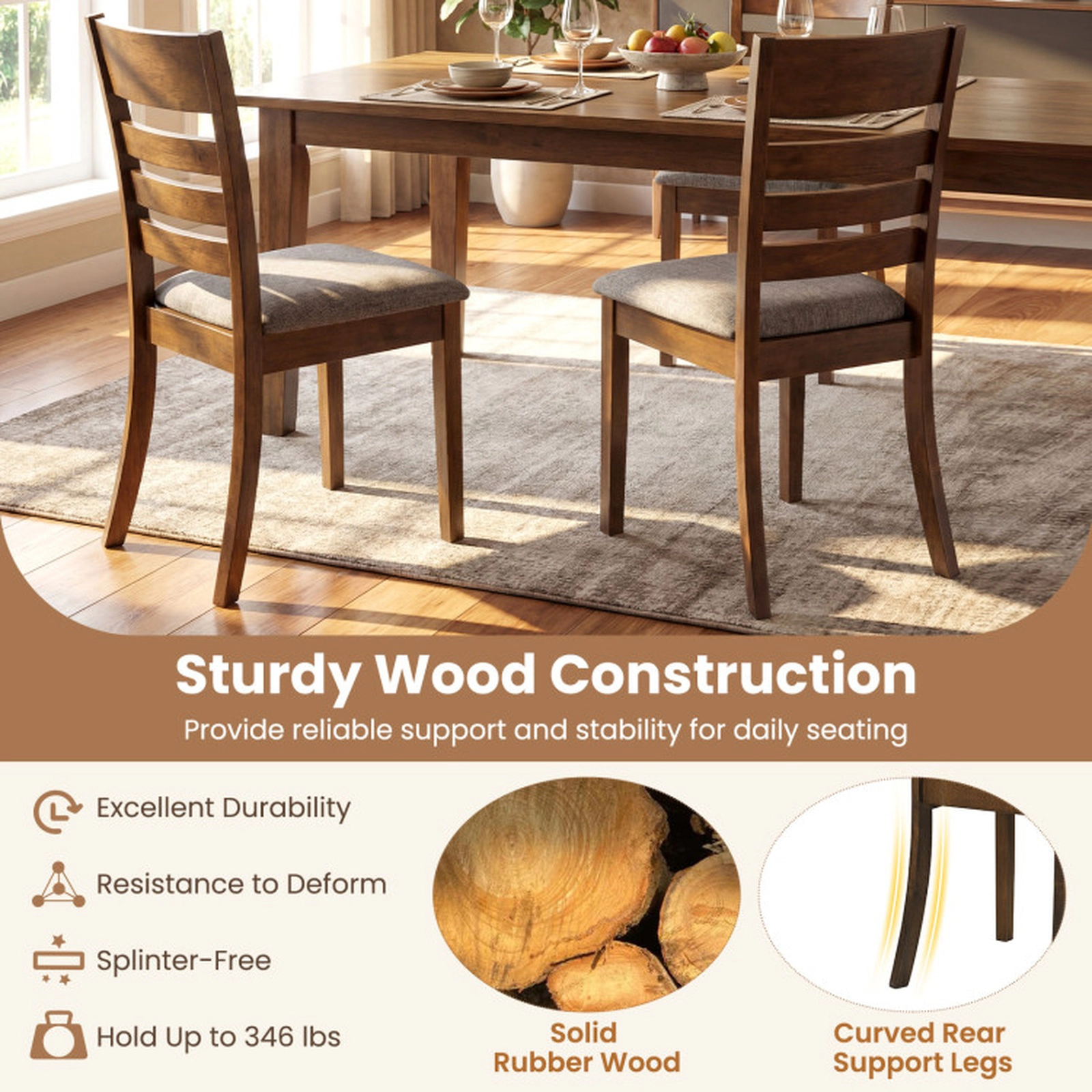 SUGIFT Set of 4 Rubber Wood Slatted Back Upholstered Dining Chairs 17-in x 20.5-in x 35.5-in 346-lb Capacity Brown