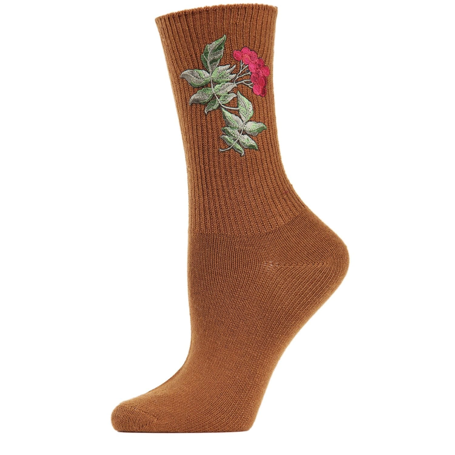 MeMoi Women's Embroidered Berry Leaf Vintage Style Crew Socks