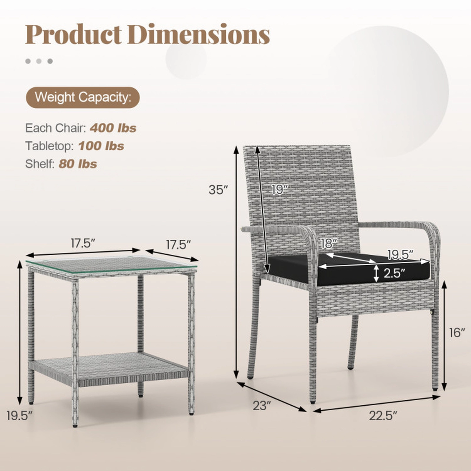 SUGIFT Black Cushions and Glass Side Table 3-Piece Patio Rattan Balcony Chair Set