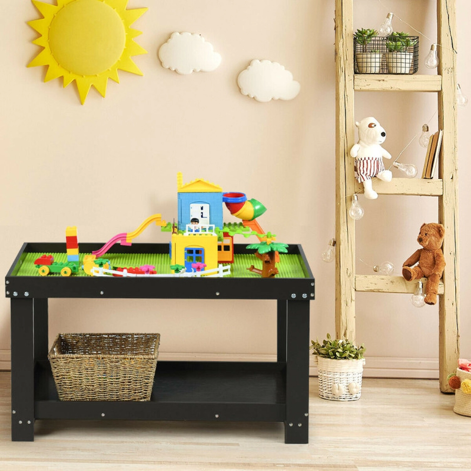 SUGIFT Solid Pine Multifunctional Kids Activity Play Table 200-lb Capacity Ages 3+ Dark Brown 32.5-in Long Single Table