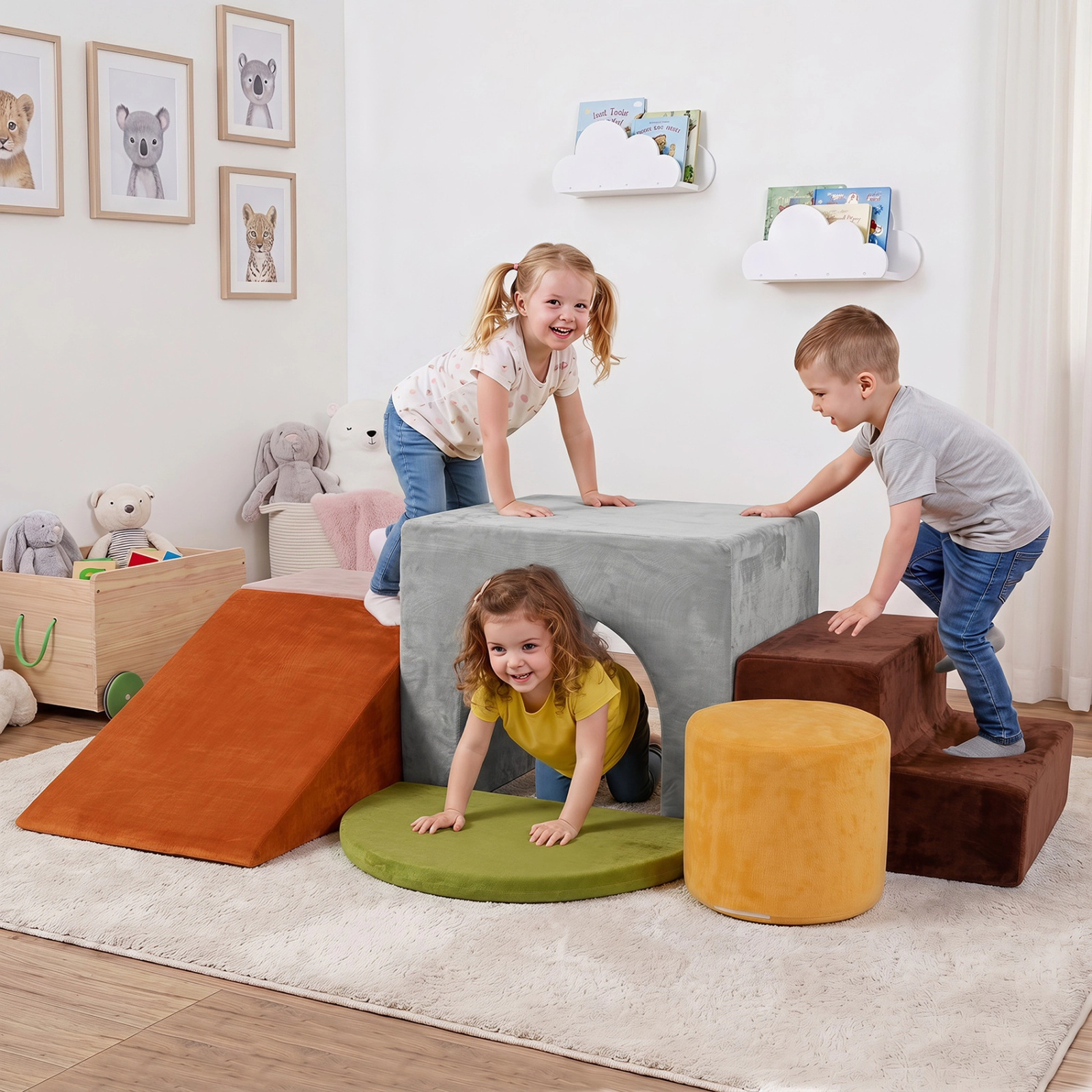 SUGIFT 6 Piece Foam Climbing Blocks Gray for Toddlers with Slide Arch and Tunnel