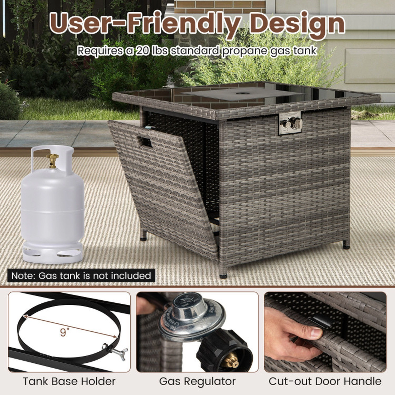SUGIFT 32.5-Inch Square Wicker Propane Fire Pit Table with Glass Top and Lid Gray
