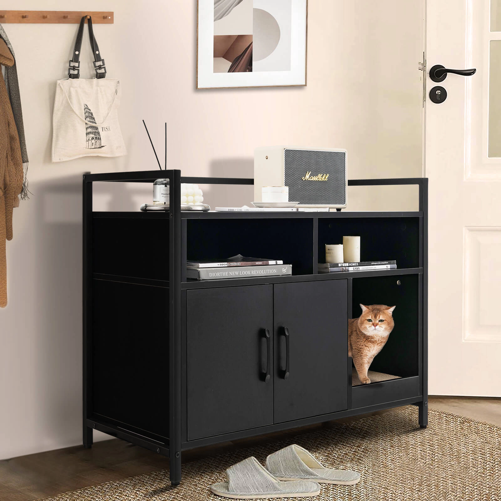 SUGIFT 35 x 29.5-in 110-lb Tabletop Capacity Hidden Cat Litter Box Enclosure with Double Doors and Scratch Board