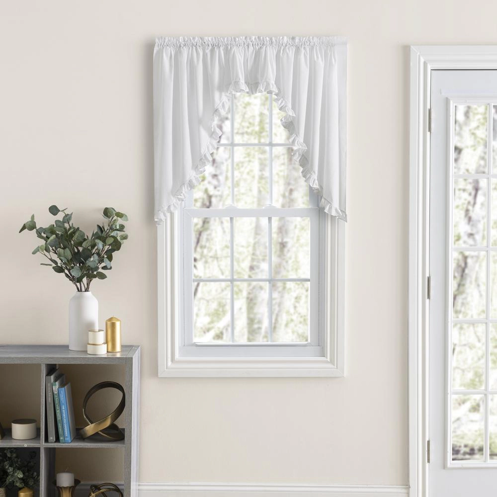 Ellis Home Classic Narrow Ruffle White Color Rod Pocket Swag Curtain Panel, 86" X 38"