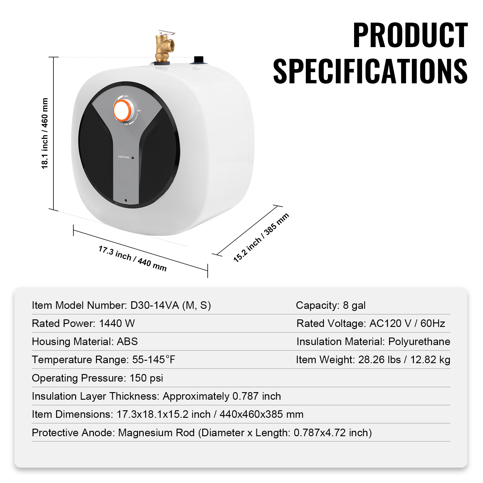 HONGGE Electric Mini-Tank Water Heater Tank 1440W Hot Water Boiler Storage Safety Temperature Pressure Valve Easy