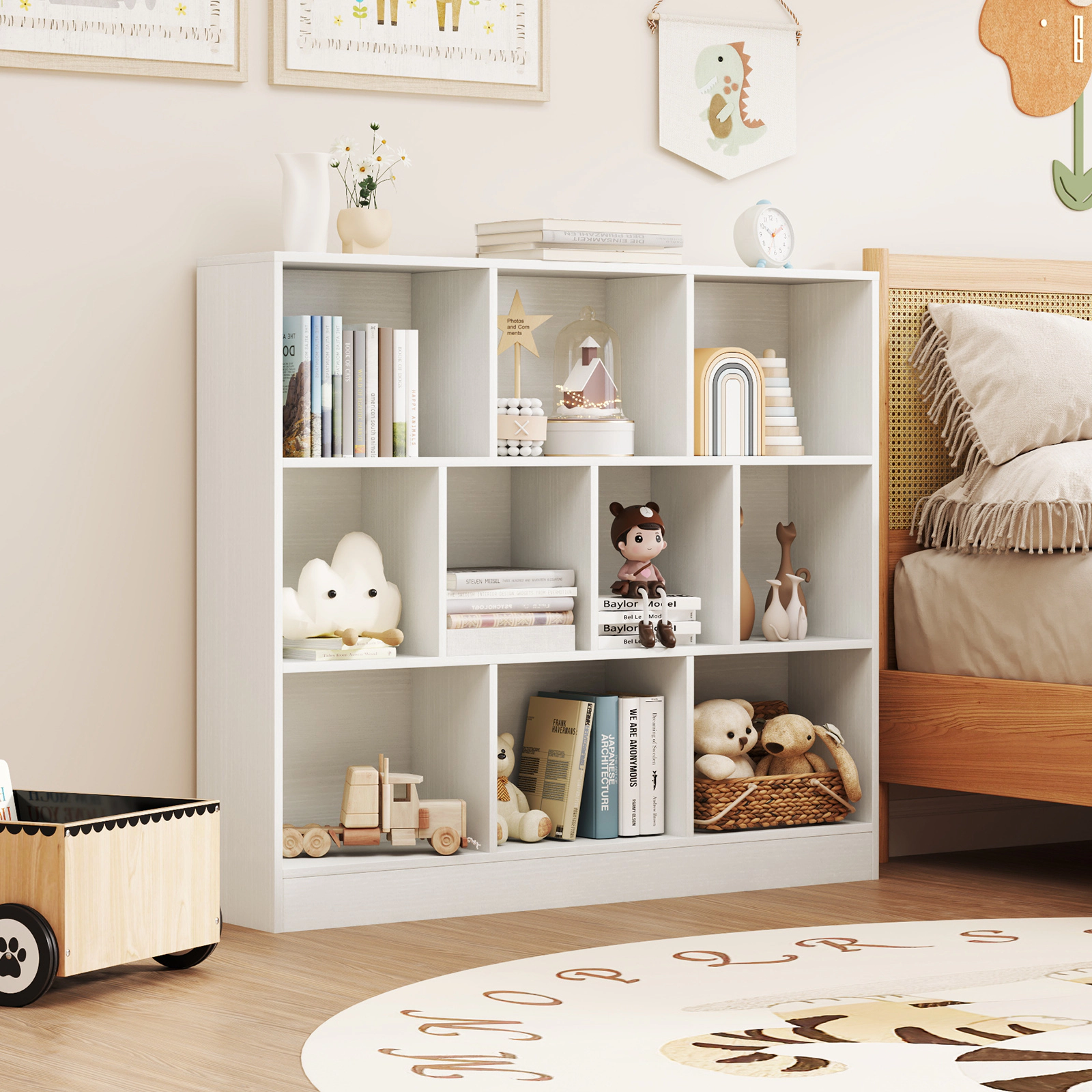 Hivvago 41 inches Wooden Toy Storage Organizer with 10 Cubes for Kids