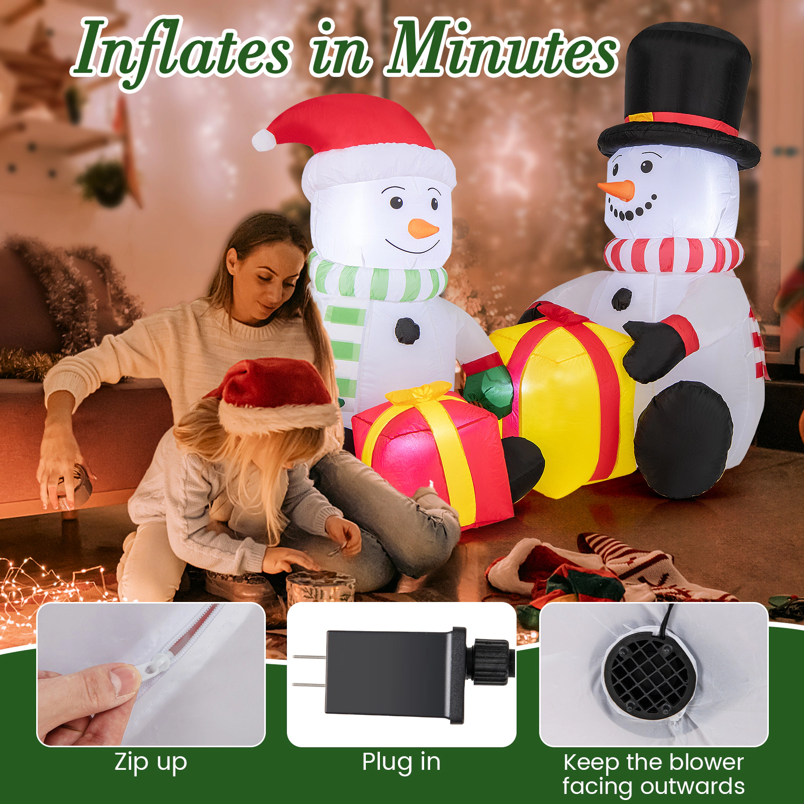 Glintex 5-Ft Inflatable Snowmen Pair with Gift Boxes and IP44 Protection, Multicolor