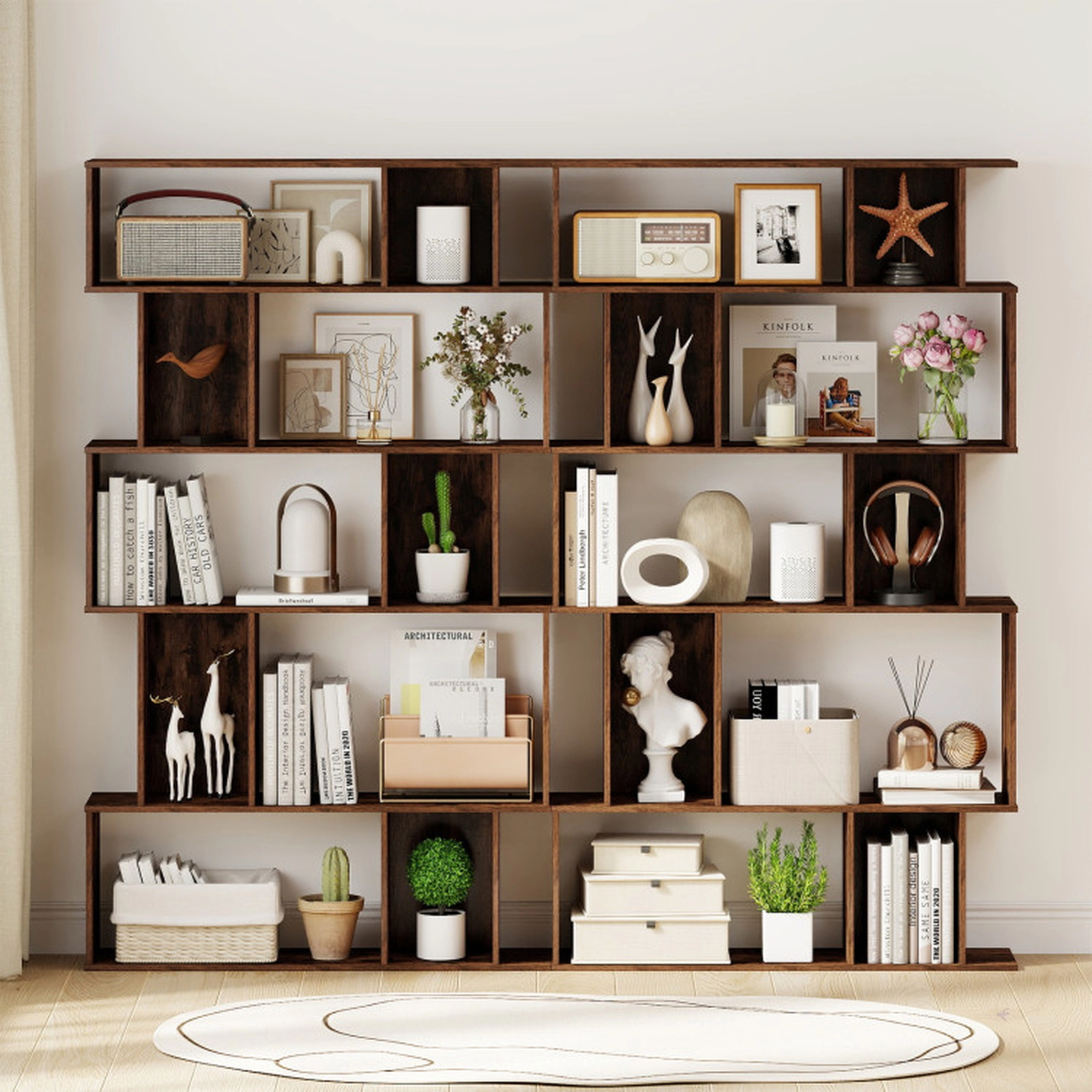 SUGIFT Set of 2 5-Tier Geometric S-Shaped Closed-Back Cubes Bookshelves 35.5-in x 8.5-in x 62-in 200-lb Capacity Brown